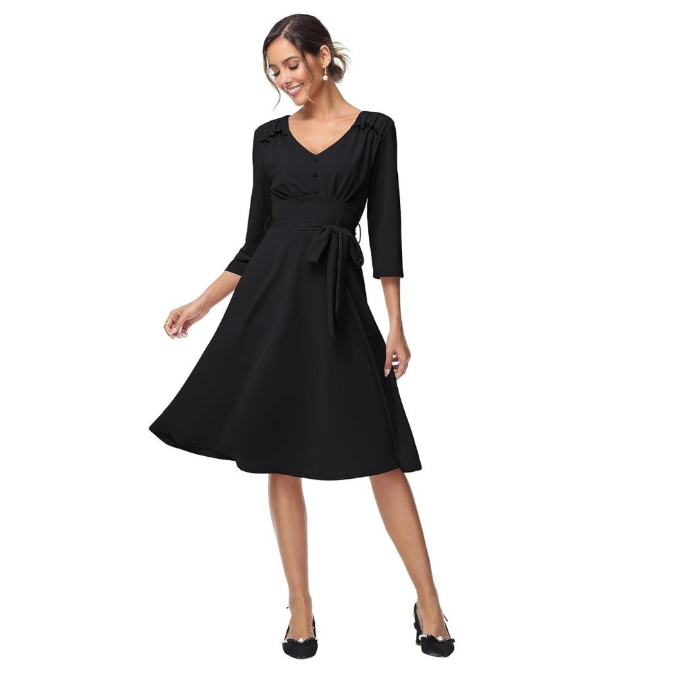 Belle Poque Black Retro A-line Dress 3/4 Sleeves w/Pockets L 12-14